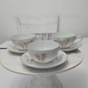 Vintage Fukagawa Arita Gold Set Of 3 Handpainted Bamboo Porcelain Cups Saucers